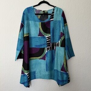 BEREK Crinkle Tunic Top XL Arsty Geometric Lagenlook Art to Wear Mature Office